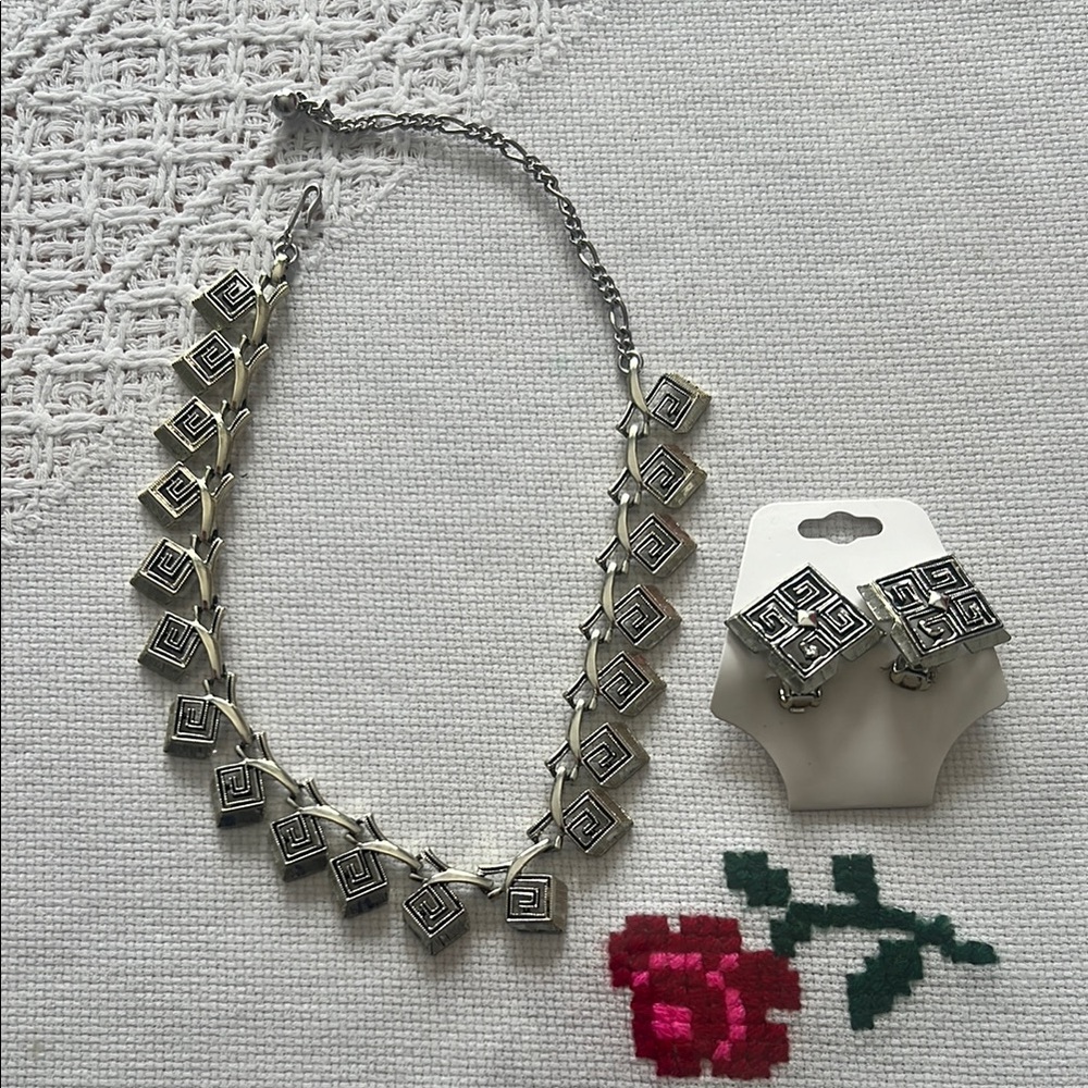 VINTAGE KRAMER Silver Greek Geometric Necklace and Earring Set signed RARE FIND